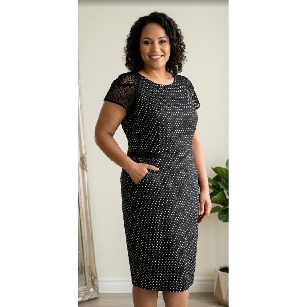 NWT Carmen Marc Valvo Polka Dot Jacquard Crochet Sleeve Sheath Dress Black White